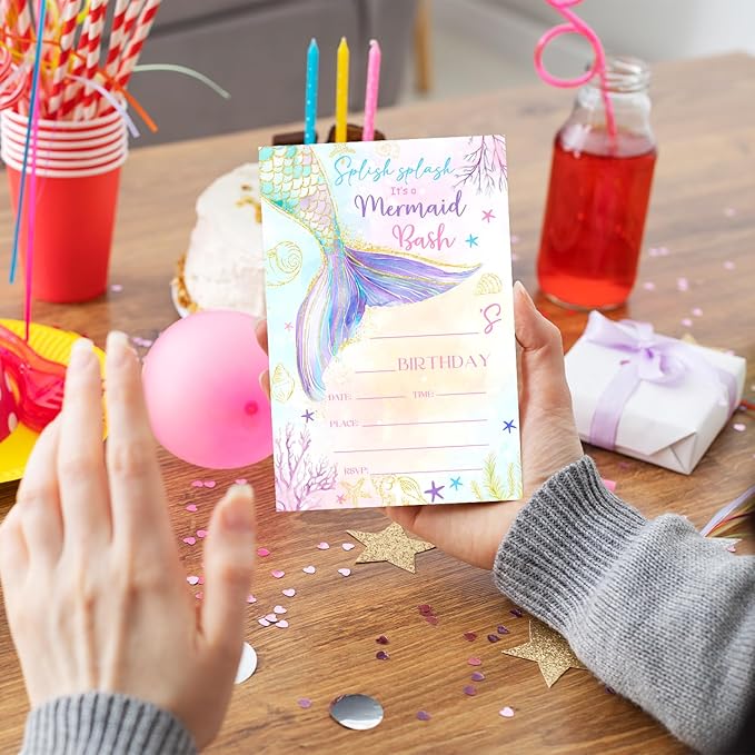 Mermaid Birthday Party Invitation Cards for Kids Girls, Ocean Theme Birthday Celebration Party Invite Cards Supplies, 20 Double-Sided Fill In Invites With Envelopes -07