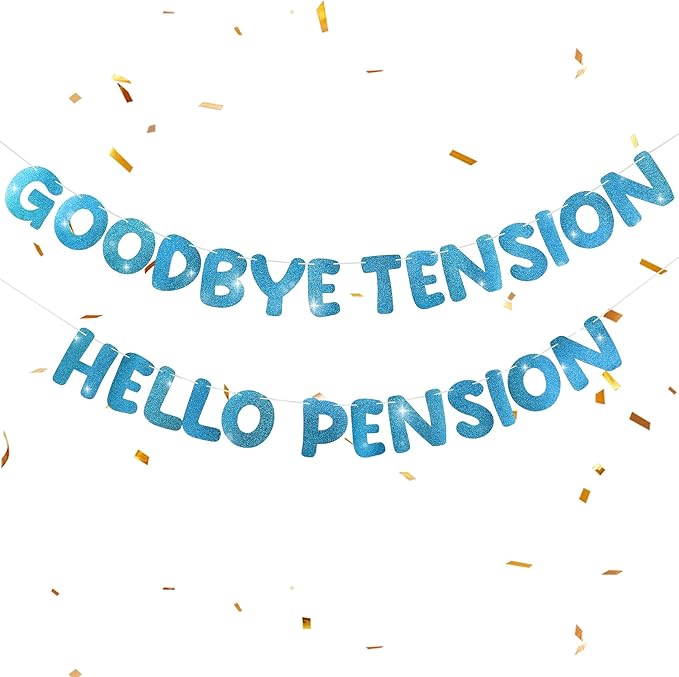 Retirement Banner Pre-Strung GOODBYE TENSION HELLO PENSION Banner Glitter Retirement Party Supplies Decorations for Women Men Office Home Decor (Dark blue)