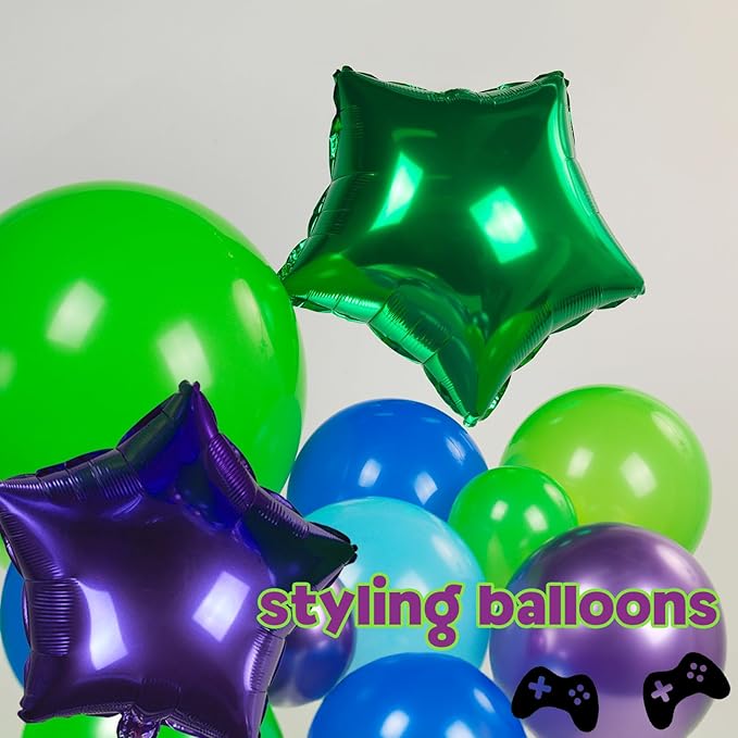 Video game Themed blue and green chrome purple balloon garland arch kit 140+pcs with handle star mylar balloon for Video game Themed Birthday party decorations