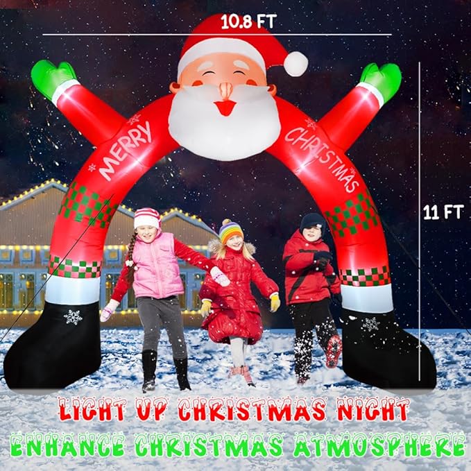 Christmas Archway Inflatable, 11 ft Santa Blow Up Arch with LED Light Christmas Inflatables Outdoor Decorations, Xmas Blow Up Decor for Lawn Home Party Yard Garden Décor