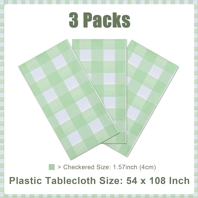3 Packs Sage Green Checkered Tablecloths 54 x 108 Inch Disposable Plastic Checkered Table Cloth Rectangular Picnic Table Covers for BBQ Carnivals Parties