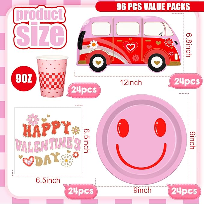Zhehao 96 Pcs Groovy Valentine's Day Party Supplies Set for 24 Guests Pink Smile Face Plates 9 oz Cups Napkins Pink and Red Groovy Hippie Valentine's Day Party Decorations