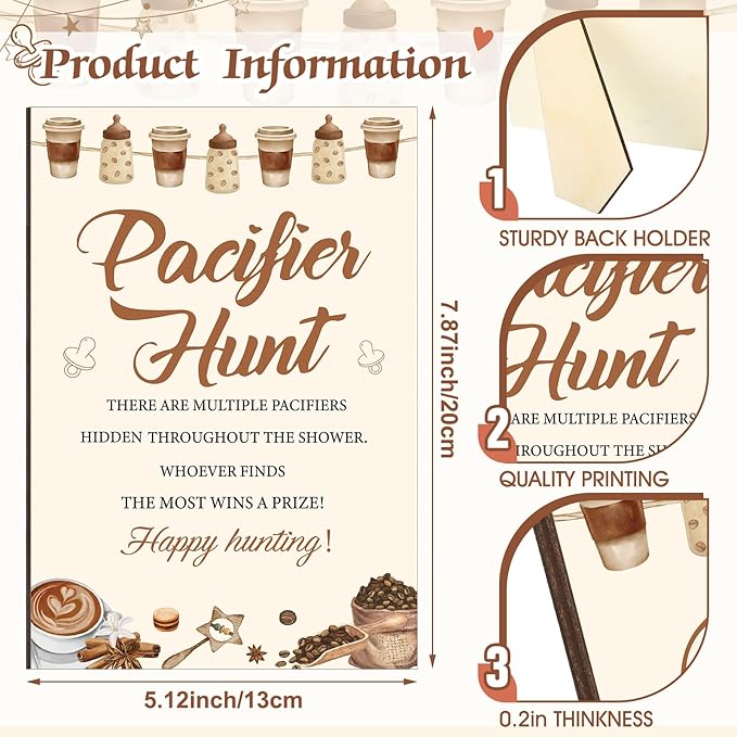 Thyle 51 Pcs A Baby Is Brewing Decorations Pacifier Hunt Coffee Theme Baby Shower Include Coffee Hunt Sign and 50 Acrylic Pacifiers Games Gender Reveal Party Supplies