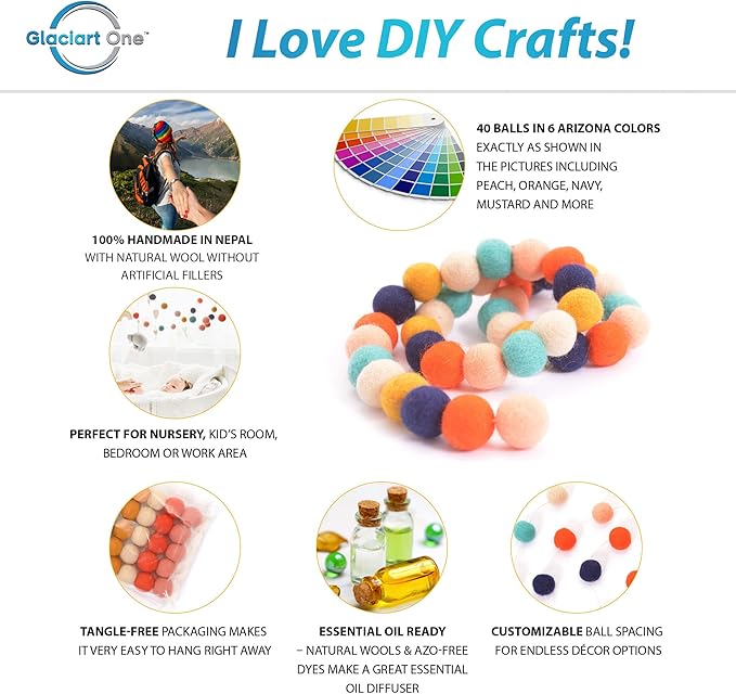 Glaciart One Felt Ball Garland - 12 Feet, 40 Balls, 6 Arizona Colors, Pom Pom Decorations, Nursery Decor, Bunting, Birthday Party, Easter, Photo Prop