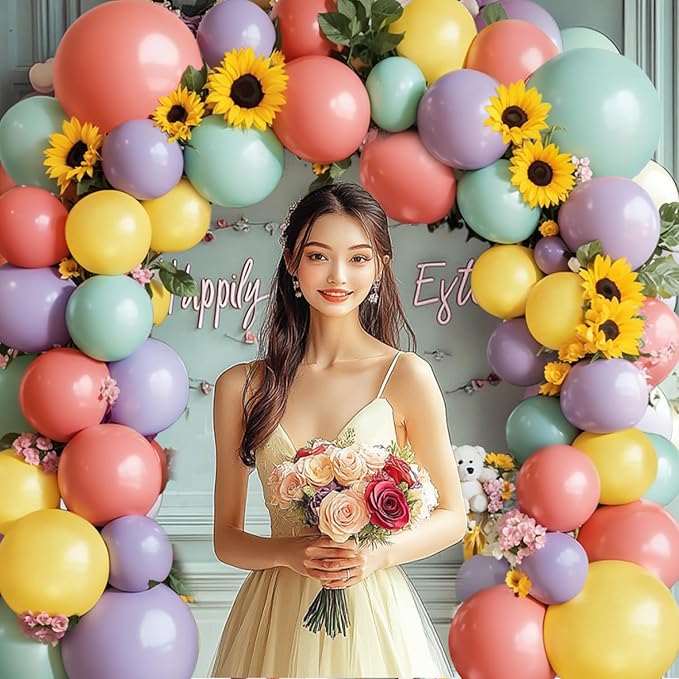 Dusty Green Purple Yellow Coral Balloons Arch Kit, Double Stuffed Sage Fog Green Pastel Yellow Red Light lavender Balloon Garland Kit for Birthday Floral Easter Spring Summer Party Decor