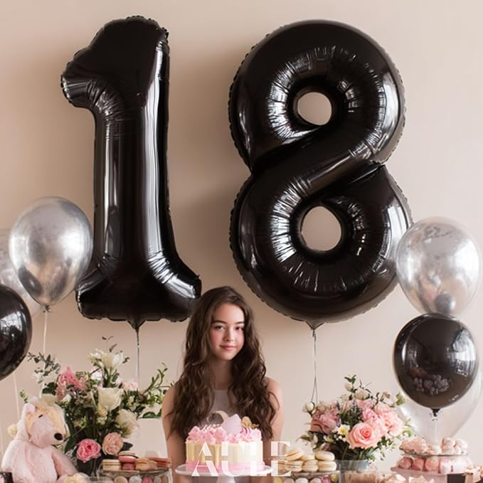 AULE 40 Inch Jumbo Black Foil Mylar Number Balloons for Boy Girl 18th Birthday Party Decorations 18 Years Old Anniversary Party Supplies
