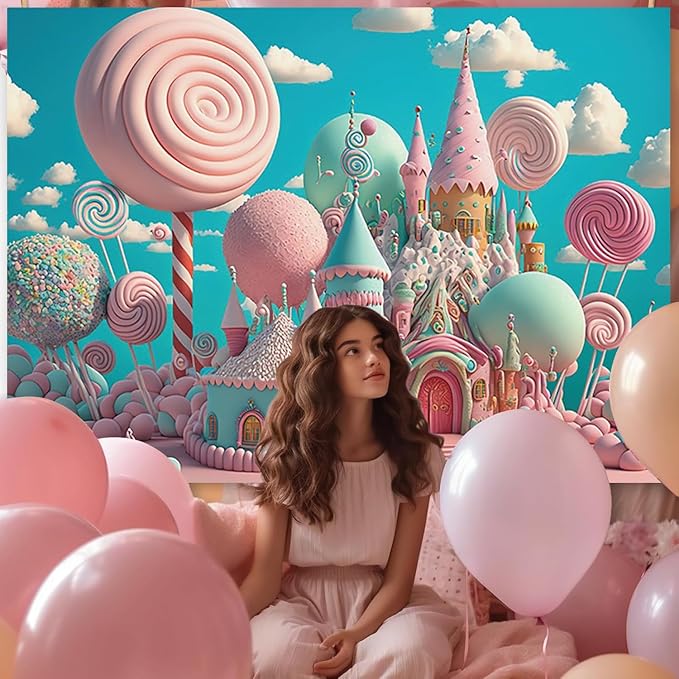5x3ft Candyland Backdrop Fantasy Pink Sweet Candy Castle Photography Background Children's Birthday Party Candyland Theme Decorations Banner Photo Studio Props