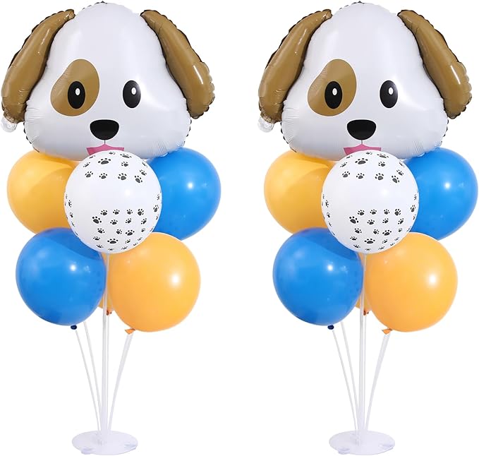Dog Emoticon Balloon Table Centerpiece Stand Kit 2 Sets for Table with 2 PCS Dog Head Foil Balloons, 14 PCS Paw Print Yellow Blue Latex Balloons for Puppy Birthday, Doggy Party Decorations Supplies