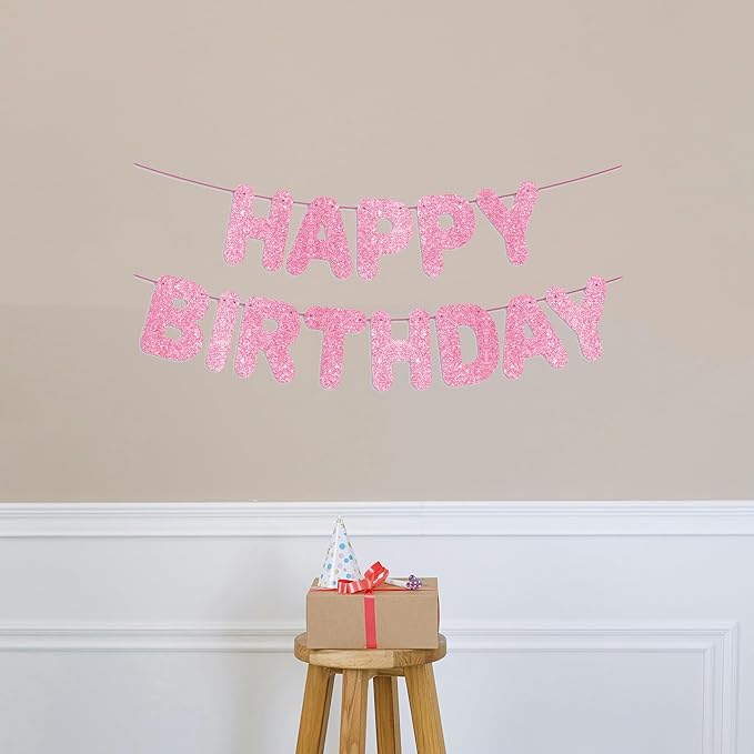 Pre-Strung Happy Birthday Pink Glitter Banner, Pink Birthday Party Decorations for Girl, Backdrop/Sign, Princess Party Decor for Her