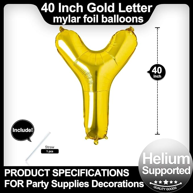 40 Inch Gold Letter Y Balloons, DIY Phrase Foil Alphabet Letter Y Balloons DIY Word Y Banner for Birthday Anniversary Celebration Graduation Party Supplies Decoration