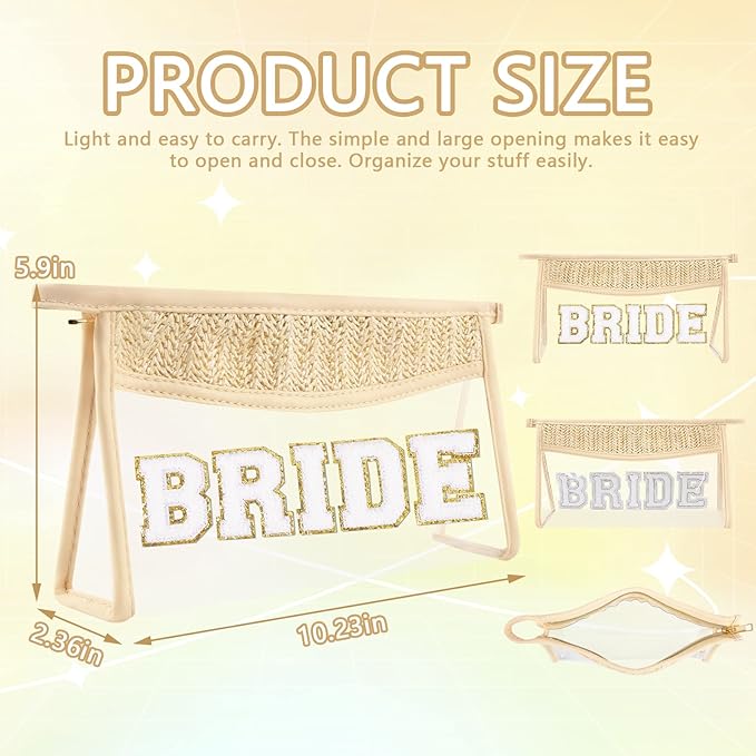 Bride Patch MRS Clear Makeup Letter Bag, Boho Patch Waterproof Zipper Make up Bags Toiletry Pouch for Women Girls, Clear Letter Patch Cosmetic Bags Transparent Organizer Pouch for Travel(Bride, Beige)