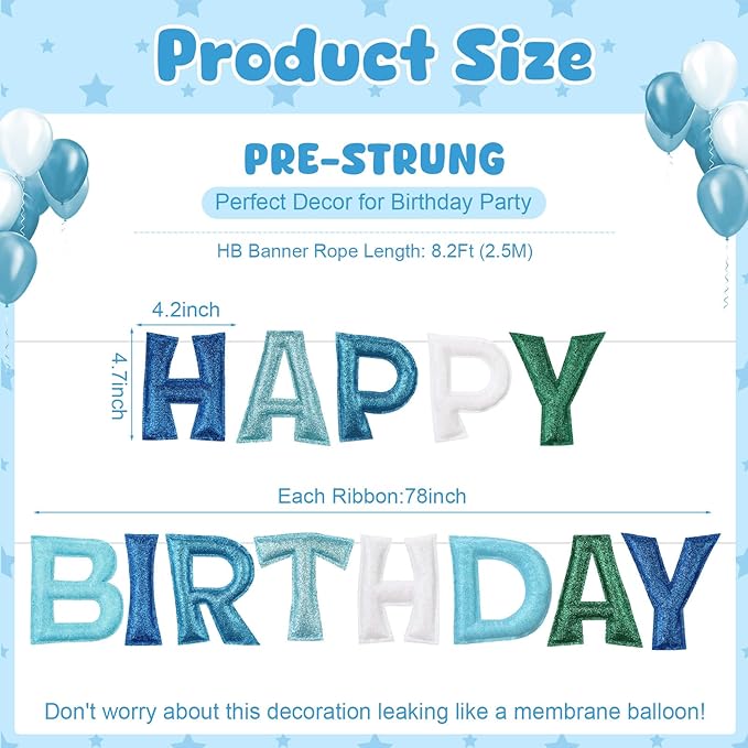 Tegeme Felt Happy Birthday Banner, Teal Glitter Turquoise Happy Birthday Garland Reusable Colorful Rainbow Decoration for Woman, Man Party Photo Prop