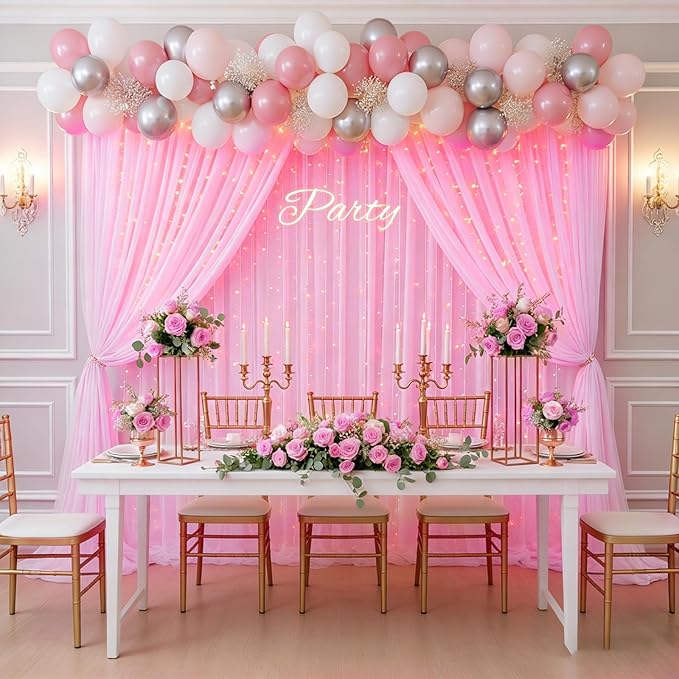 Pink Tulle Backdrop Curtain with String Lights, 2 Panels 5×8FT Sheer Wrinkle-Free Pink Backdrop Drapes for Wedding, Bridal Shower, Birthday, Baby Shower, Princess Party & Photo Booth Decorations