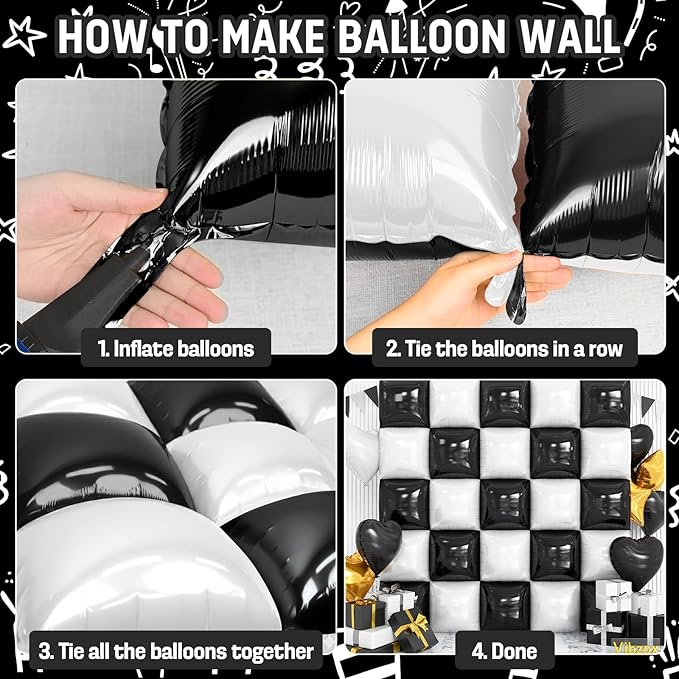 Black and White Square Foil Balloons Wall, Double Sided Chrome Black White Balloons Tunnel Arch Kit Backdrop for Checkerboard Racing Themed Birthday Graduation Wedding Party Decorations