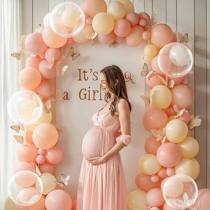 Pastel Pink Peach Balloon Arch Kit, Double Stuffed Pastel Light Pink Orange Ivory White Clear Bobo Spring Balloons Garland Kit for Wedding Bridal Shower Birthday Party Decoration