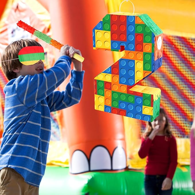 Building Blocks Number 2 Pinata with Pinata Stick & Blindfold 2th Birthday Party Decorations for Kids Happy Birthday Building Block Theme Party Supplies for Boys Girls (16 x 10.6 x 3 In)