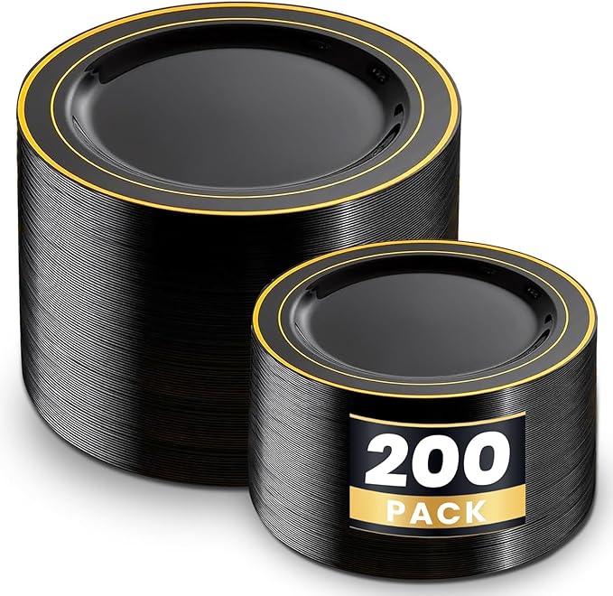WDF 200PCS Black and Gold Plastic Plates - Black Plates Disposable for Party - Heavy Duty Plastic Plate for Graduation Wedding Party Birthday