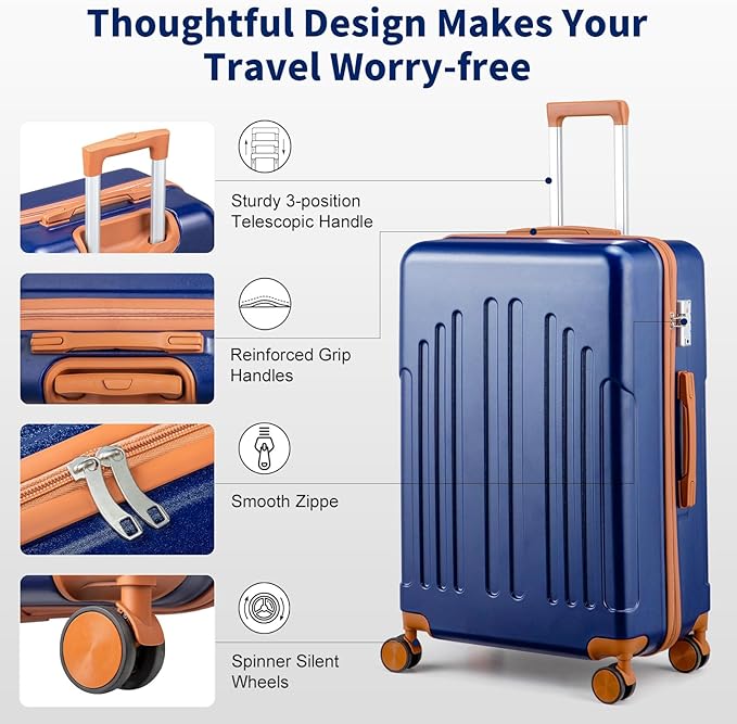 Karl home Carry On Luggage 22x14x9 Airline Approved, ABS Hardshell Suitcase with TSA Lock & Spinner Wheels, Durable Small Suitcase Rolling Luggage for Business Travel, Navy Blue & Brown