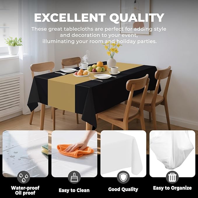 6 Pack Premium Disposable Plastic Tablecloth 54" x 108" Party Table Cloths Disposable for 6 to 8 Foot Tables Indoor or Outdoor Birthdays Weddings Christmas Anniversary Buffet Table (Black and Gold)