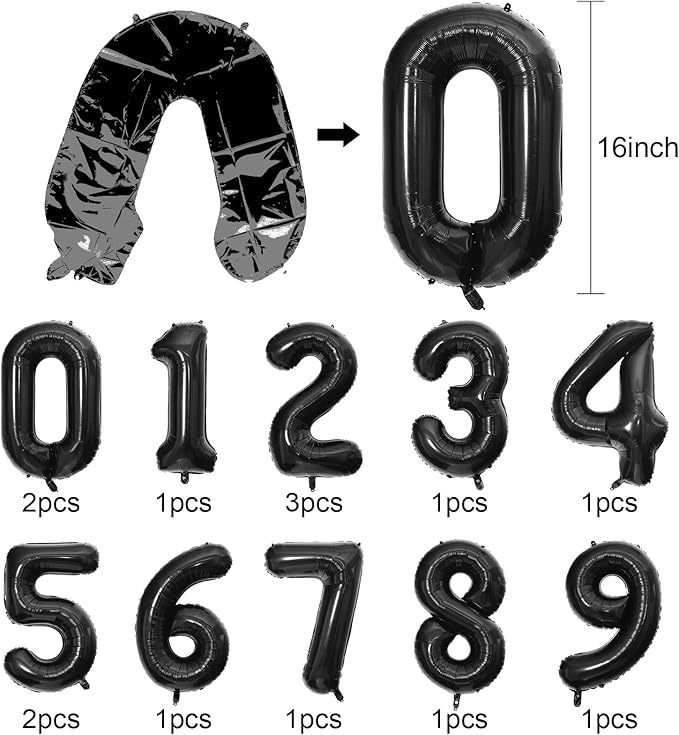 Number Balloons 16 Inch Black 0-9 Number Foil Balloons 14 Pcs Custom Digital Balloons for Party Decorations New Years Eve Party Birthday Graduations Anniversary Baby Shower