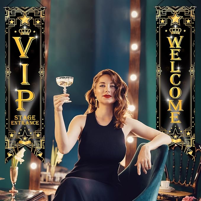 Blulu VIP Party Decorations Roaring 20s Movie Night Banner VIP Porch Sign Movie Theater Now Showing Hanging Porch Sign 1920s Party Supplies(Black)