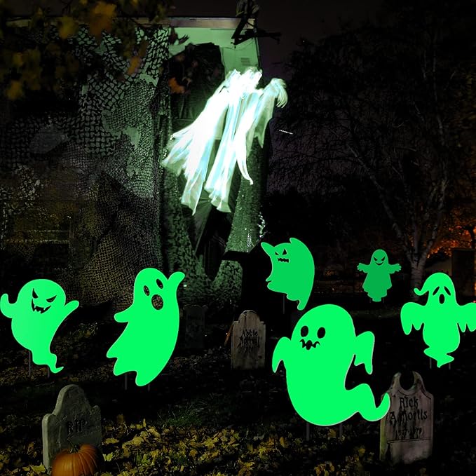 6 Pcs Halloween Yard Stake Glow in The Dark Ghost Lawn Stakes with Green Fluorescent Layer - Scary Lawn Decorations for Outdoor Garden Patio Yard