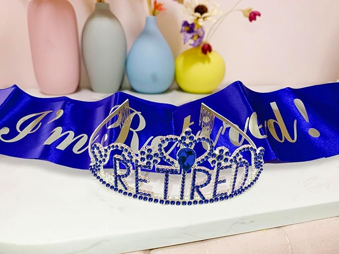 JETKONG Retirement Party Decorations Retired Tiara/Crown, Retired Sash for Women Retirement Gifts, Retirement Party Supplies, Gifts, Favors (Dark Blue)