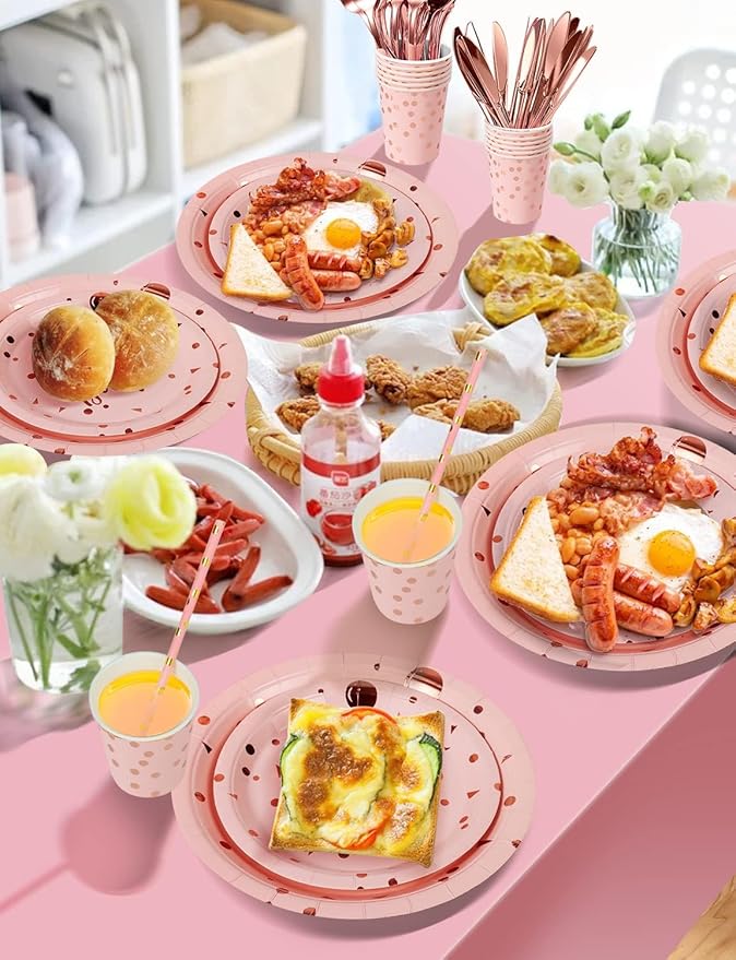 Birthday Party Tableware, 161 Pieces Pink and Rosegold Party Supplies, Party Dinnerware Sets Include Paper Plates Napkins Cups Silverware, for Shower Engagement Parties Decoration -20 Serves