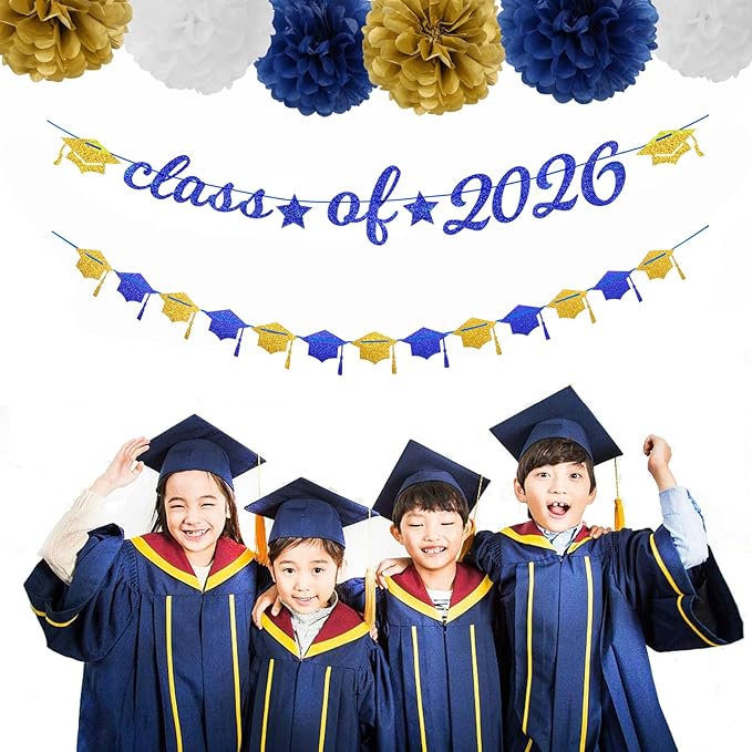 Navy-Blue White-Gold Party-Decorations Graduation Banner - 8pcs Kits Class of 2026 Cap Garland Streamers, Paper Tissue Pom Poms Flowers, Congratulations Grad Decor Lasting Surprise