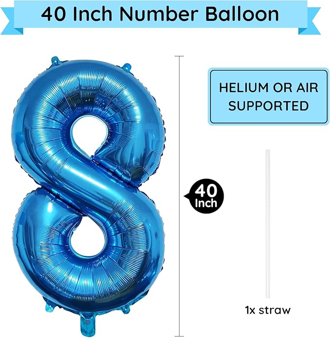 40 Inch Blue Number Balloon 8, Large Number Foil Balloons Mylar for Girl Boy Birthday Party Celebration Decorations Supplies, Digital Balloons for Wedding Anniversary Events Decorations