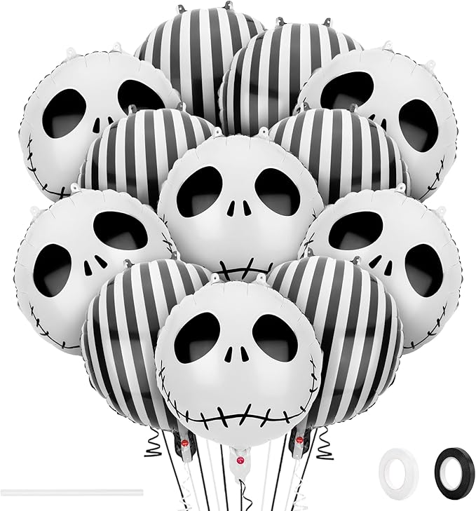 12 PCS Halloween Skull Foil Black and White Striped Balloons(18 Inch) Nightmare Honor Theme Birthday Party Decorations Spooky Ghost Skeleton Cat Baby Shower Day of The Dead Indoor Outdoor Decor