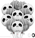 12 PCS Halloween Skull Foil Black and White Striped Balloons(18 Inch) Nightmare Honor Theme Birthday Party Decorations Spooky Ghost Skeleton Cat Baby Shower Day of The Dead Indoor Outdoor Decor