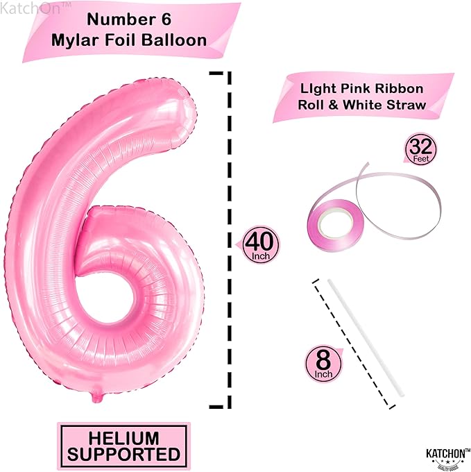 KatchOn, Giant Light Pink Number 6 Balloon - 40 Inch | 6 Balloon Number, 6th Pink Birthday Decorations for Girls | Pink 6 Balloon, 6th Anniversary Decorations | 6 Year Old Pink Party Decorations