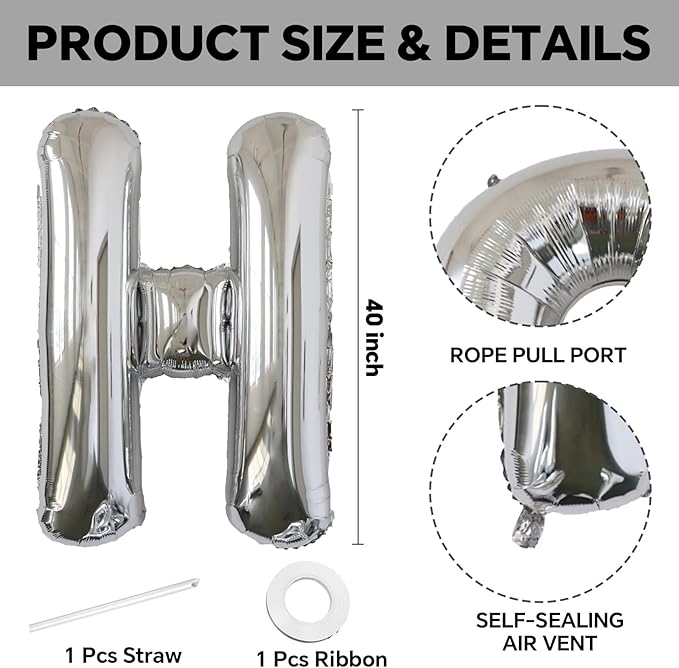 KALOR 40 Inch Silver Letter H Balloons Jumbo Foil Mylar Helium Big Balloons for Birthday Party Anniversary Baby Shower Supplies