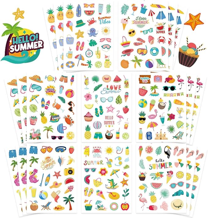 24 Sheets Summer Stickers Pool Beach Luau Hawaii Sun Stickers Hello Summer Ocean Beach Stickers, Watermelon Beer Ice Cream Pineapple Sticker, Summer Theme Family School Classroom Party Favor