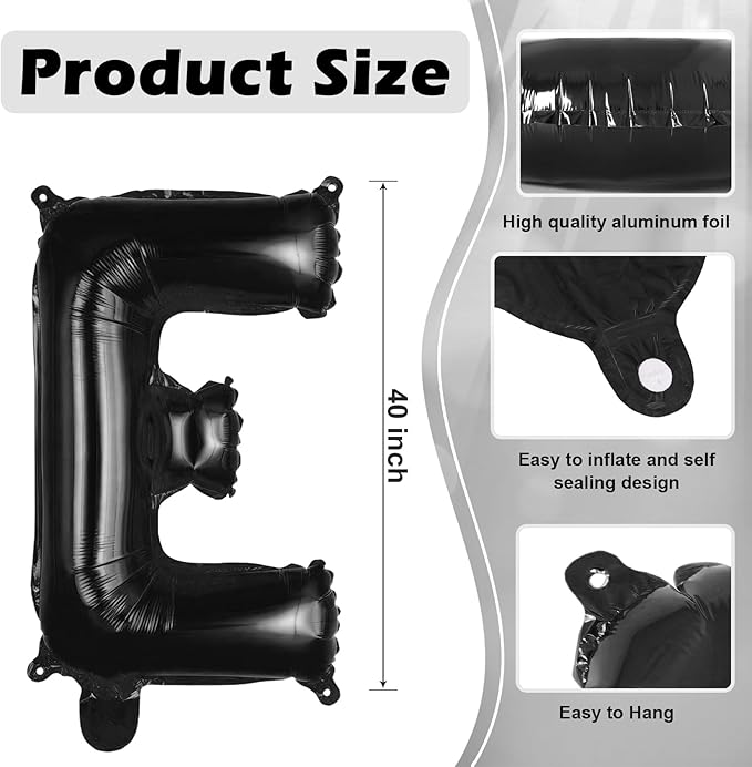 Black Letter E Balloons, 40 Inch Large Foil Letter Balloons, Custom Phrase Balloon for Birthday Party Wedding Anniversary Decoration (Black E)