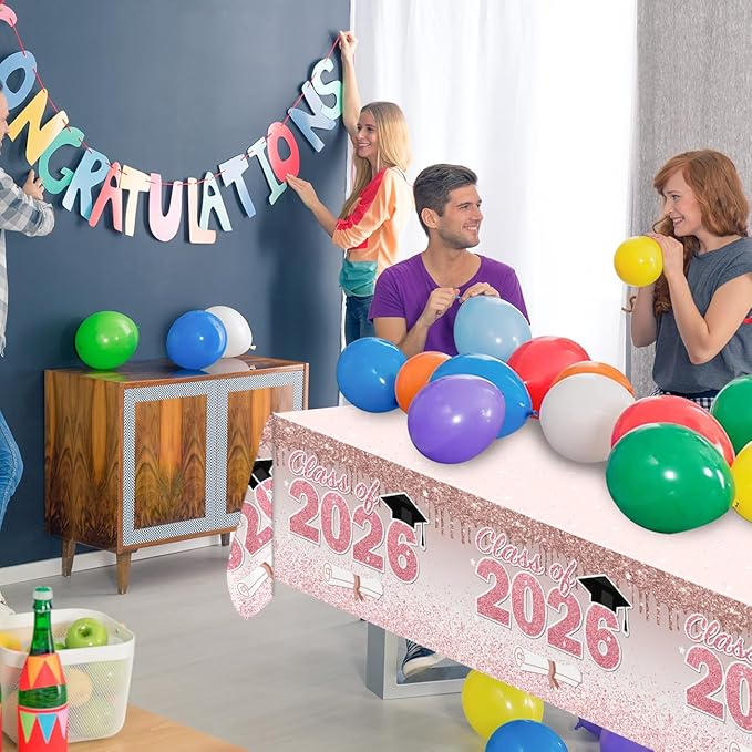 ssailue decor Pink Graduation Decorations Class of 2026 Tablecloth,4 Pieces 2026 Graduation Party Tablecloth, Class of 2026 Decorations Plastic Disposable Table Cover Party Supplies