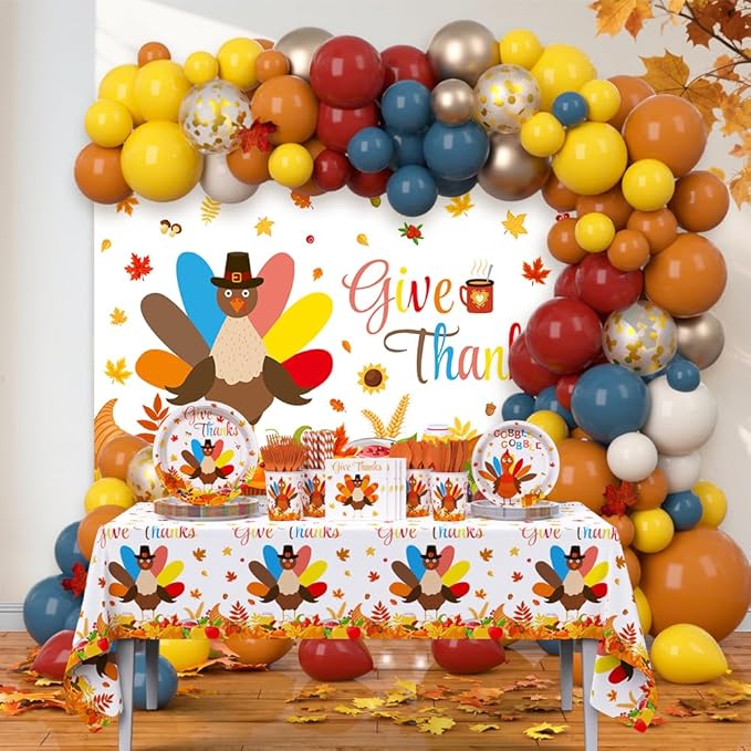 295 Pcs Turkey Thanksgiving Decorations Autumn Disposable Dinnerware Decorations Includes Plates, Cup, Napkin, Tablecloth, Give thanks Themed Balloons Disposable Tableware Serve 24 Guests