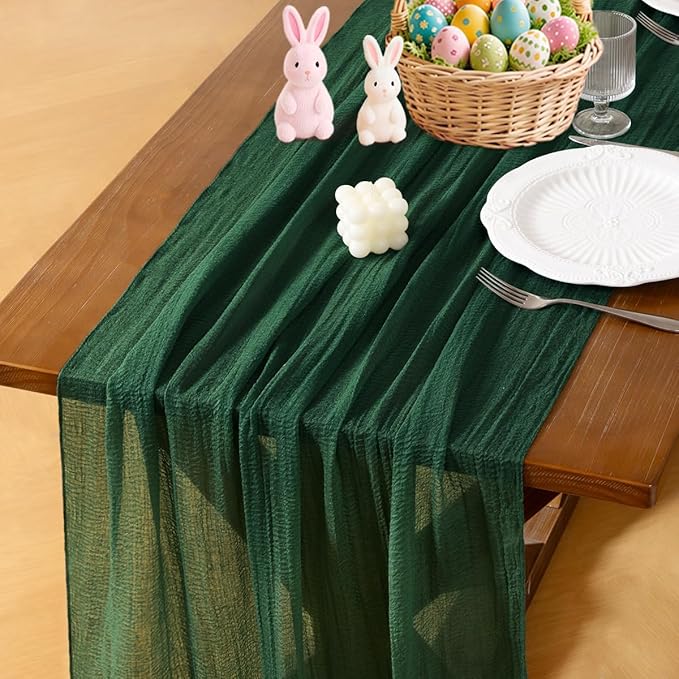 Socomi Emerald Green Easter Spring Cheesecloth Table Runner Gauze 120 Inch Rustic Boho Cheese Cloth Runner for Wedding Party Baby Bridal Shower Centerpiece Decoration Holiday Home Decorations