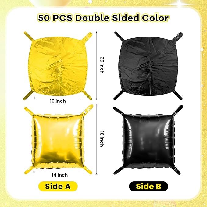 50 PCS Black and Gold Square Foil Balloons Wall Backdrop 19 Inch DIY Reusable Mylar Balloons Tunnel Garland Arch Kit for Graduation 2026, Retirement, Birthday, Anniversary Party Decorations