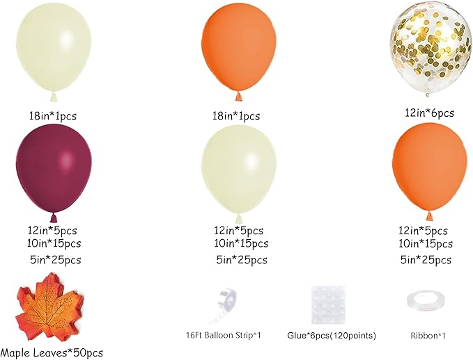 Bonropin 193pcs Fall Balloons Arch Garland Kit with Pastel Yellow Orange Burgundy Gold Confetti Balloons Maple Leaves for Fall Birthday Party Baby Shower Autumn Thanksgiving Friendsgiving Decorations