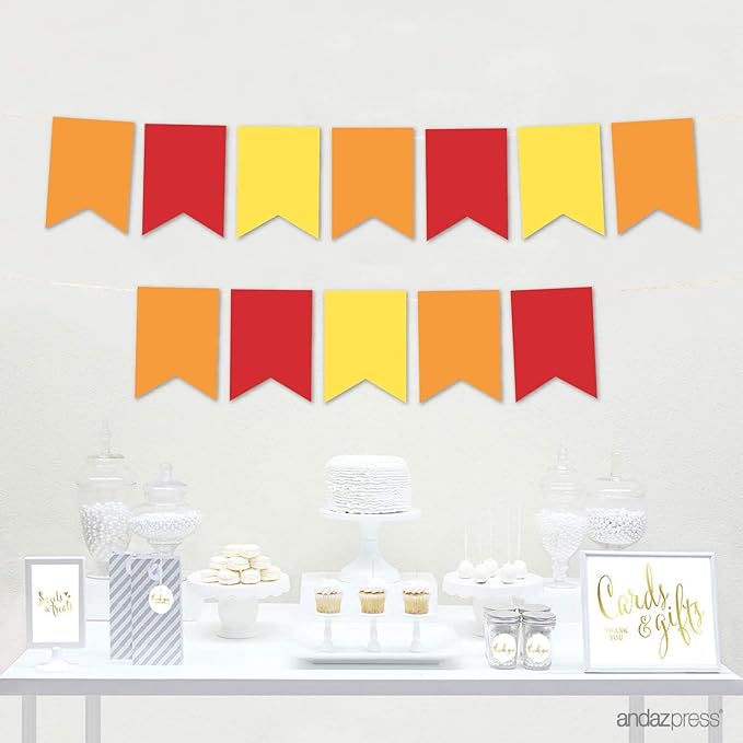 Andaz Press Hanging Pennant Banner with String, Red, Orange, Yellow, 1-Set, 24 Pennants, Approx. 12-Feet Long, Rainbow Theme