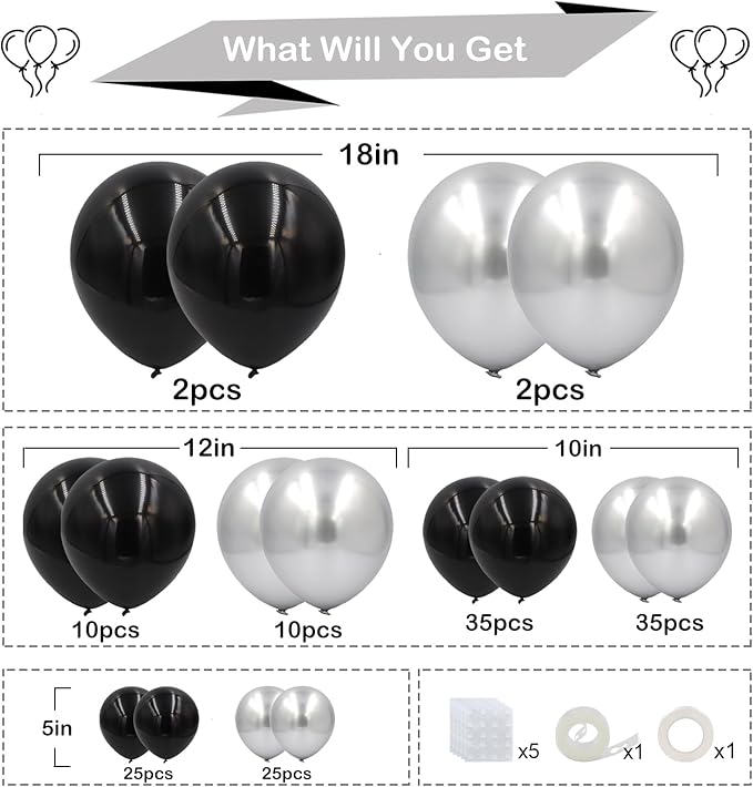 Black and Silver Balloons Garland Arch Kit 144pcs 18/12/10/5inch Black and Metallic Silver Latex Balloons for Birthday Graduation Wedding Retirement Anniversary Baby Shower New Years Party Decorations