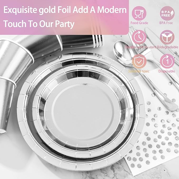 Silver Paper Plates and Napkins Party Supplies,350pcs Silver Plates Disposable Dinnerware Set for Anniversary Graduation Holiday Disco Birthday Party Decorations Serves 50