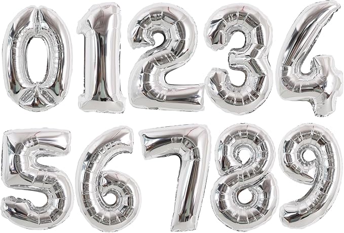 TONIFUL 16 Inch Number Silver 0-9 Mylar Foil Balloons 10 Pcs Custom digitalal Balloons for 2026 New Year Eve Birthday Party Engagement Graduations Anniversary Baby Shower