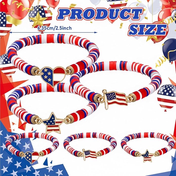 USA Bracelets Bulk 4th of July Accessories Red White and Blue Polymer Clay Beaded Stretch Bracelets for Women USA Jewelry Independence Day 4th of July Patriotic Party Favors Gifts