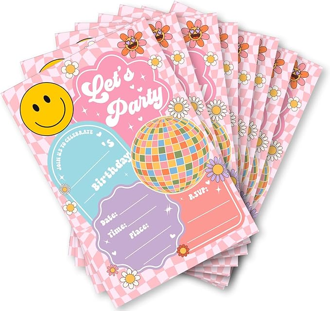 Soiceu Retro Groovy Girl Birthday Invitations Hippie Disco Let's Party Birthday Invites with Envelopes Set of 20