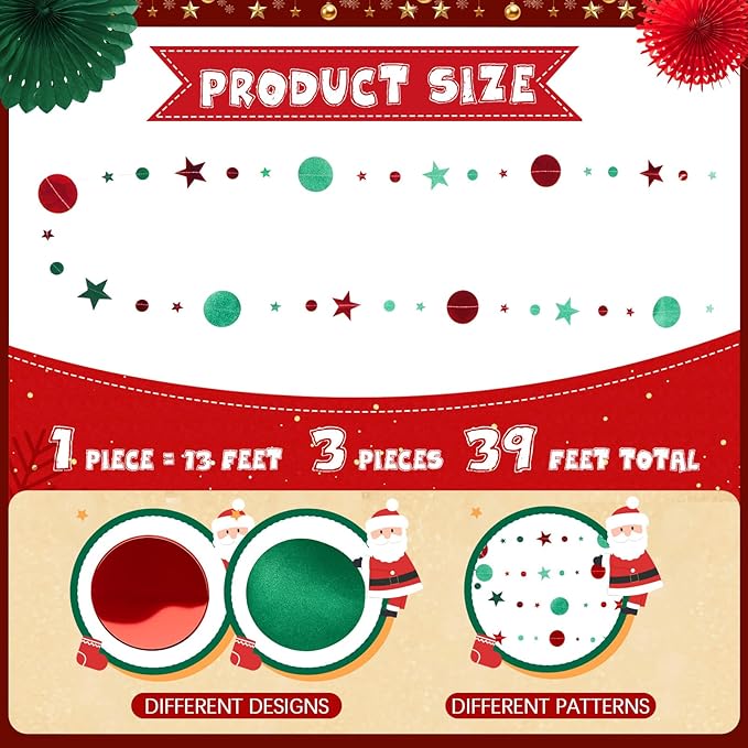 13 Pcs Paper Christmas Decorations Red Green Paper Fans Hanging Star Circle Garland Banner Office Backdrop Ugly Sweater Party Supplies Xmas Wall Decor for Classroom Holiday Birthday New Year