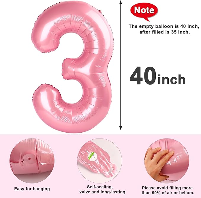 Numbers Balloon 3, 40 Inch Large Pearl Pink Balloon for Three Year Old Birthday Decor, 3 13 30 31 Birthday Party Decorations for Wedding Supplies