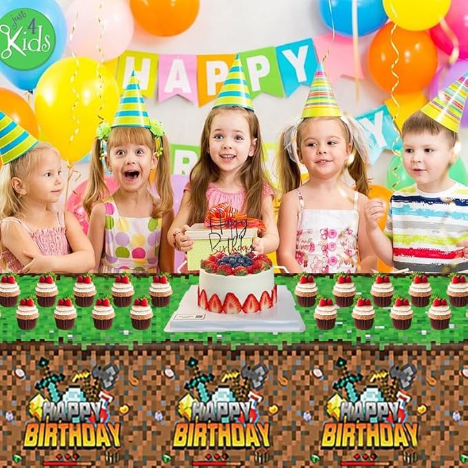Sandbox Game Theme Tablecloth, 3 Pcs Plastic Disposable Pixel Video Game Tablecovers Supplies Rectangle Sandbox Miner Decorations for Birthday Party, Theme Party (Green)